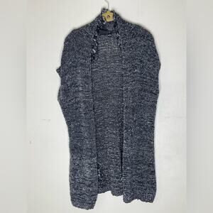 TRIBAL Gray and White Ribbon Knit Fringe Detail Sleeveless Cardigan Size Large